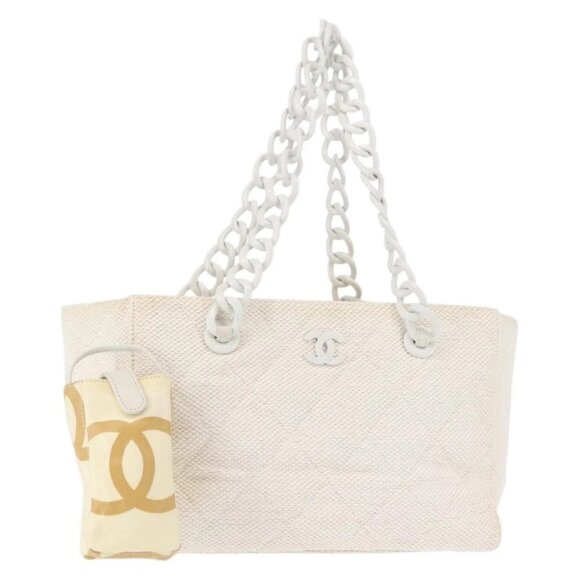 CHANEL Handbags - CHANEL Plastic Chain Tote Bag Straw Gold White CC Auth BA6435